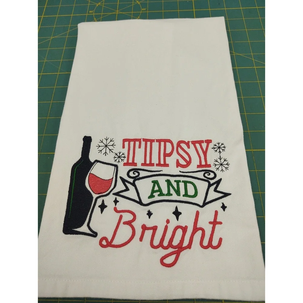 TIPSY and BRIGHT Handcrafted Machine Embroidered Kitchen Hand Tea Bath Towel